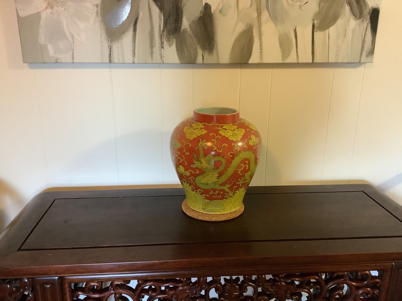 Vintage Chinese Porcelain Dragon Jar, Red Ground Yellow Dragons, Jiajing Mark,