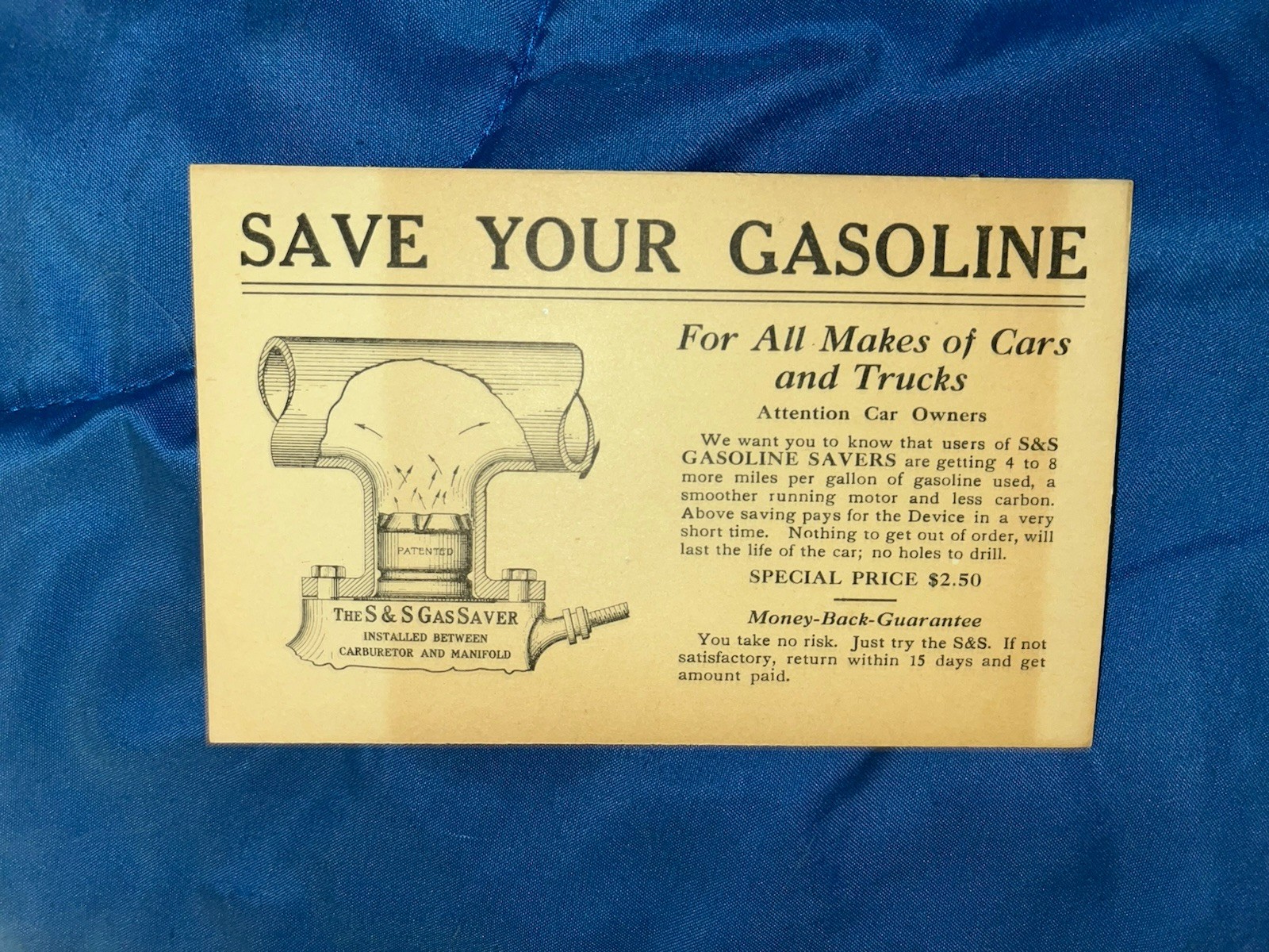 Antique postcard Advertisement S&S Gas Saver Cleveland OH. Automotive. ￼