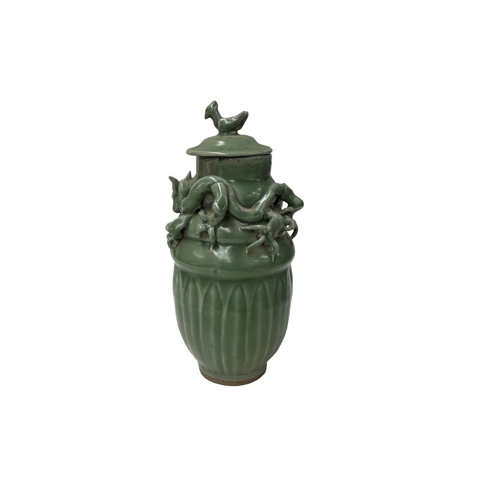 Vintage Oriental Dragon Motif Celadon Glaze Ceramic Art Jar GB881