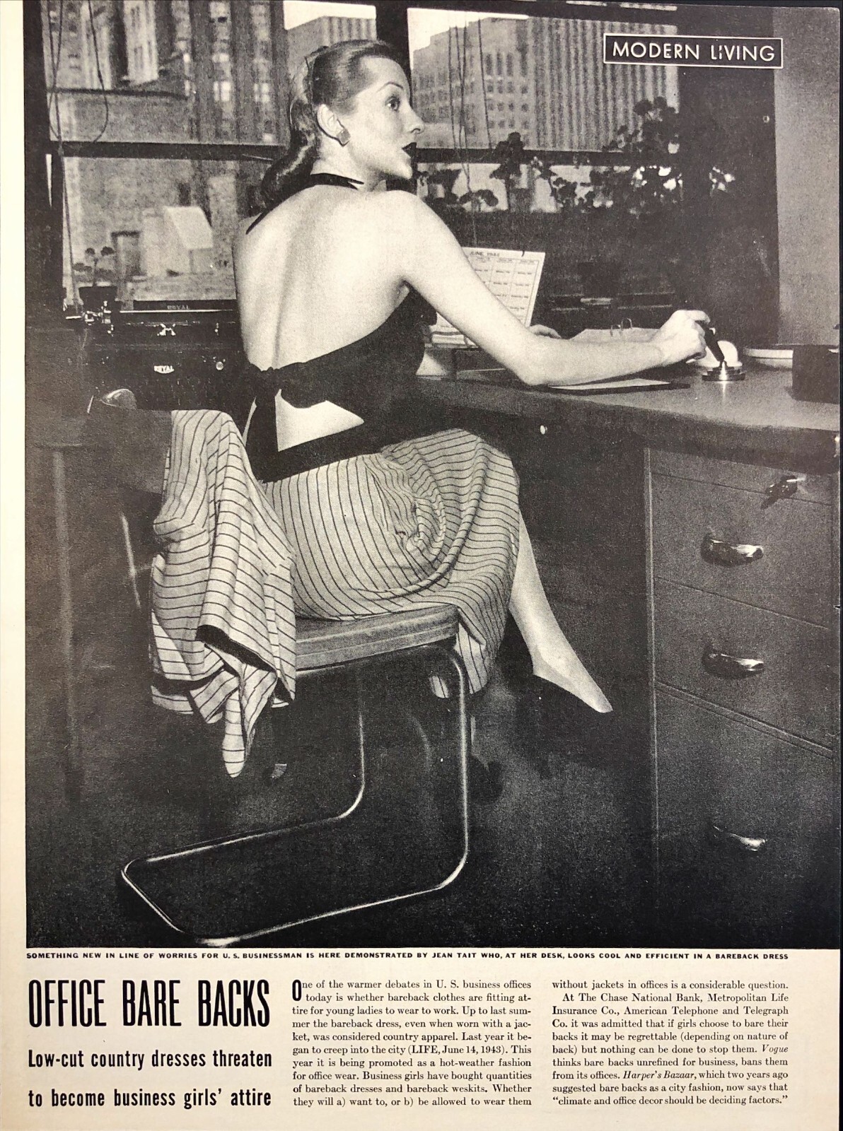 1944 Women Low-Cut Dress Office Bare Backs Worries Businessmen Magazine Print