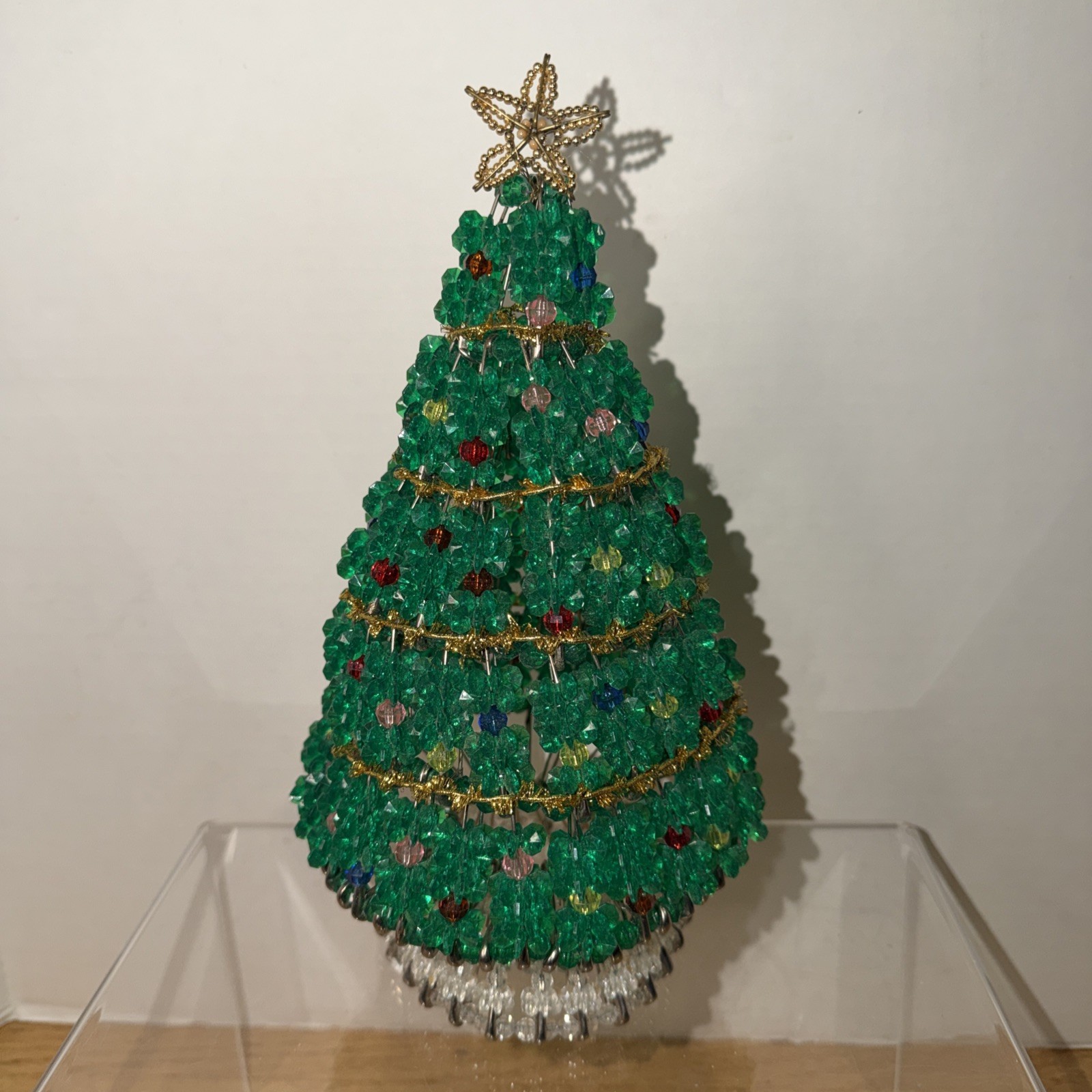 11” VTG Beaded Safety Pin Christmas Tree LeeWards Style MCM Handmade Kitsch Kit