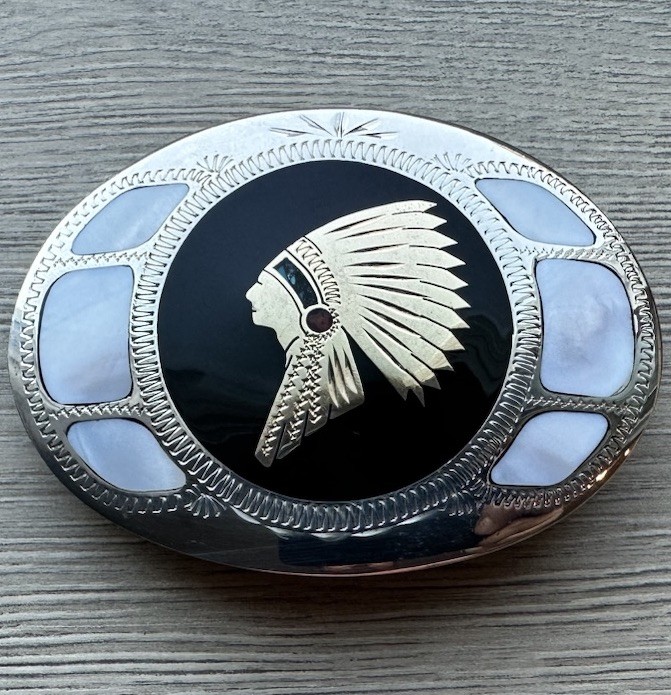 Vtg Johnson Held Indian Chief Abalone Turquoise Coral Inlay Western Belt Buckle