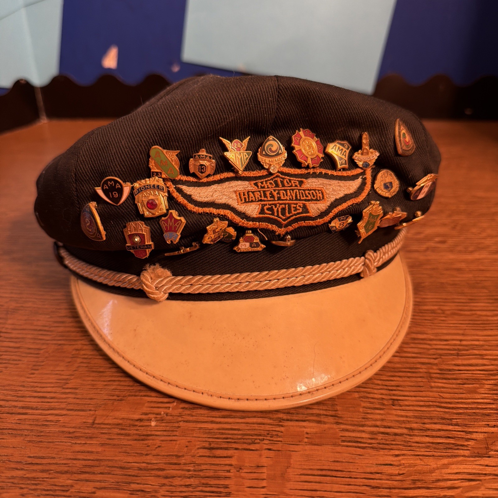 Harley Davidson Vintage Captain\'s Cap 6 3/4 with 24 AMA Pins 