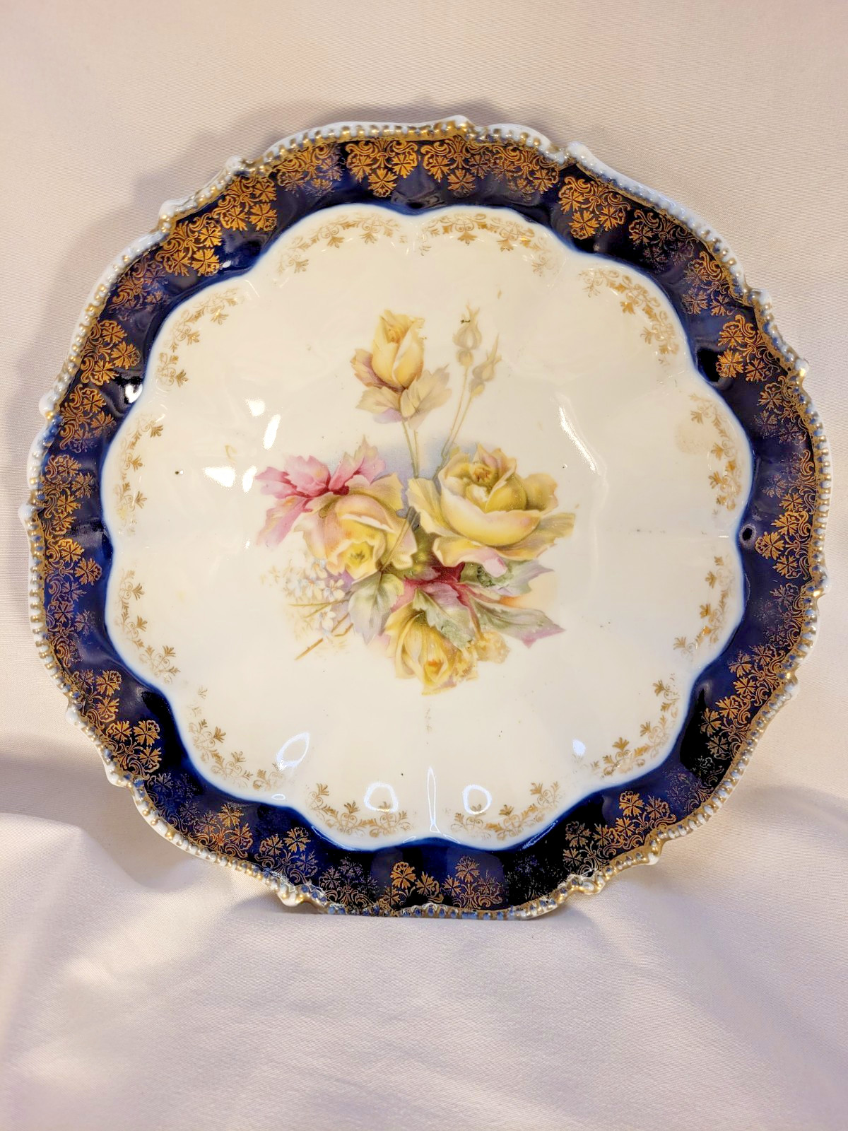 Antique Royal Vienna Ackermann Fritze Porcelain Bowl Cobalt Blue Gold Roses 8.75