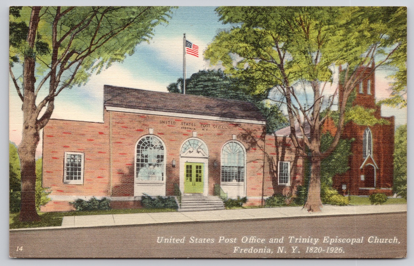 Fredonia New York NY Post Office Trinity Episcopal Church Postcard c1950s