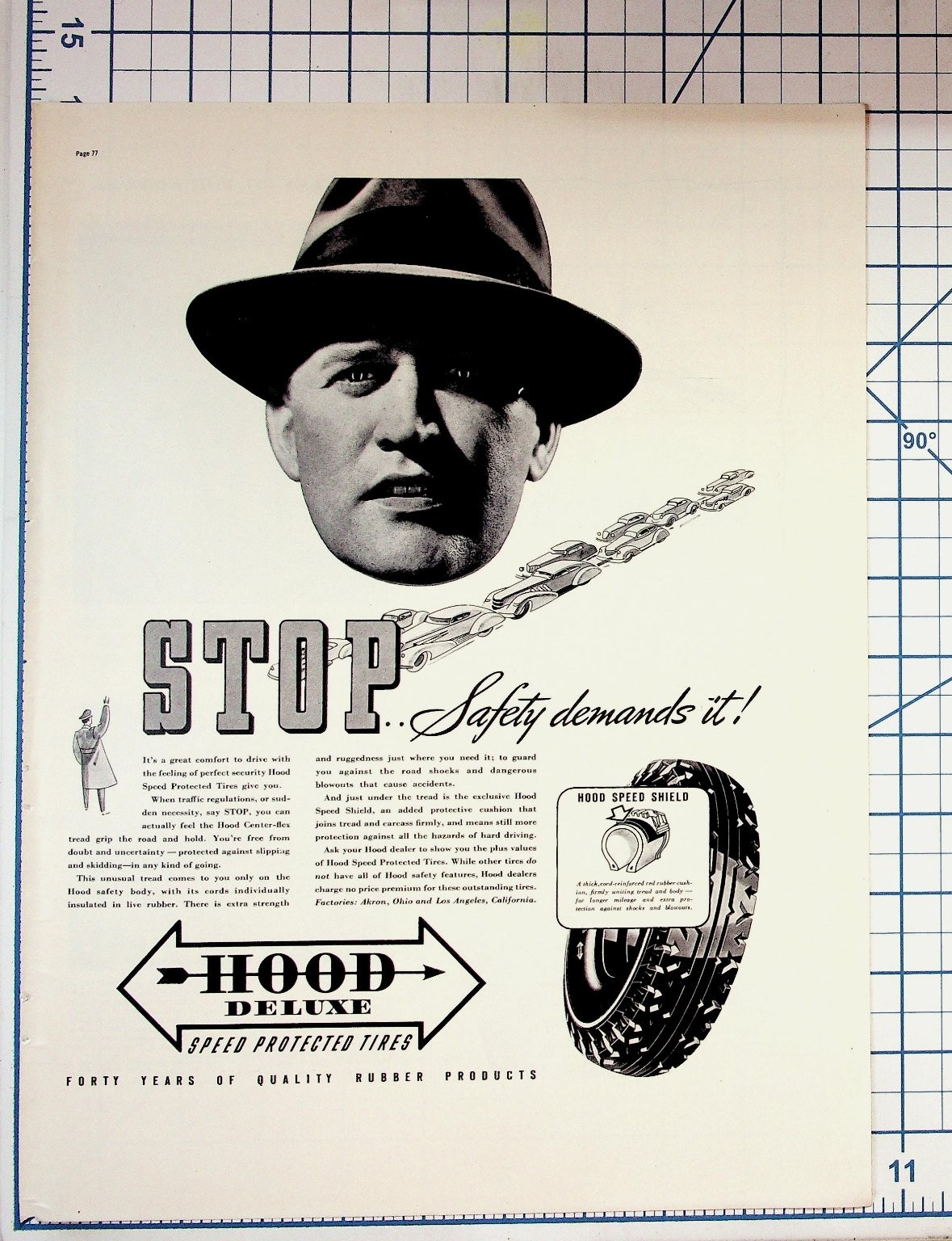 Vintage 1940s Hood Tires Magazine Ad Man Fedora Cars Safety Ohio California