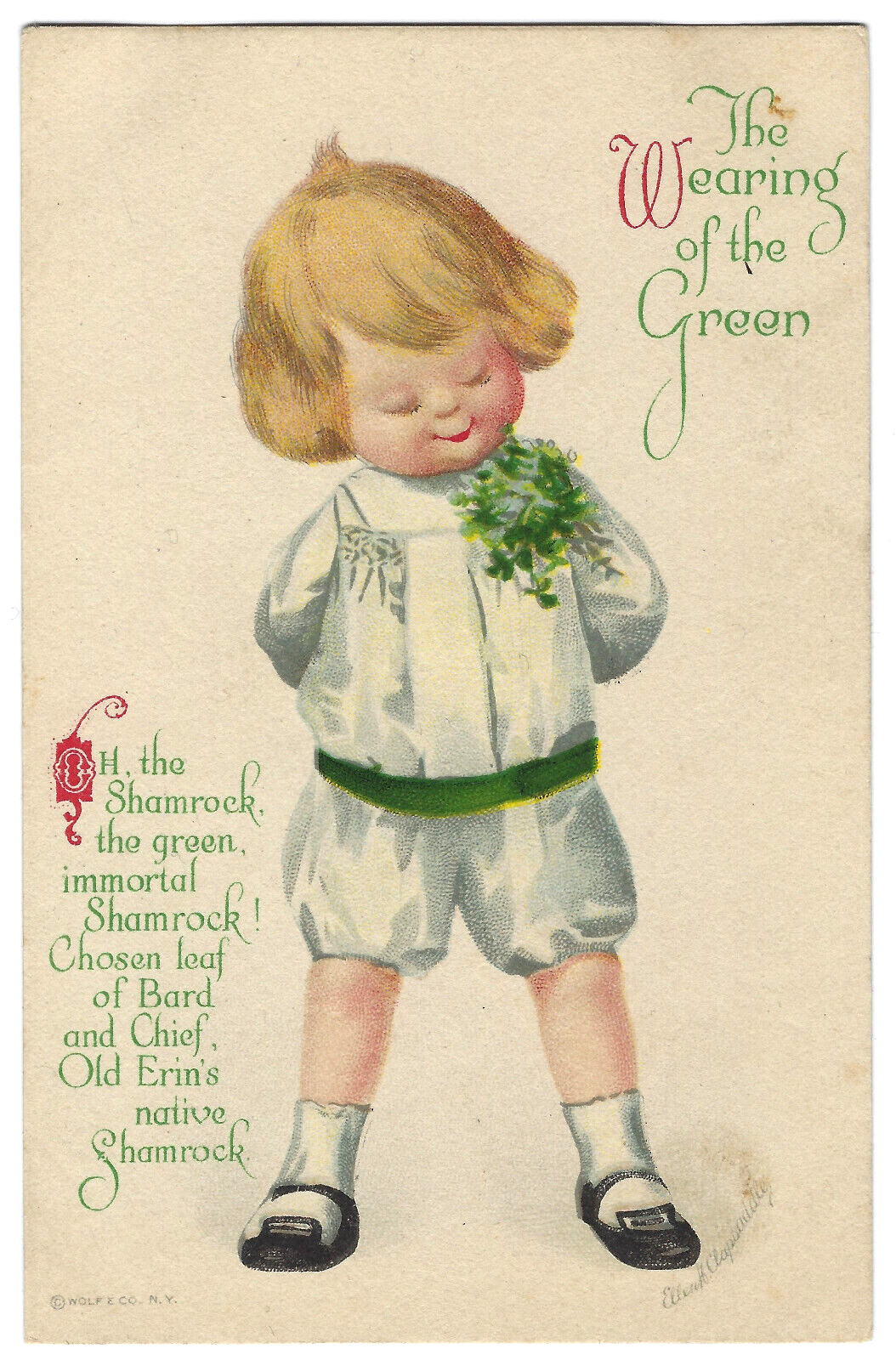 Vtg Clapsaddle St Patricks Day Blond Boy Shamrocks A/S PC Wolf c1915 Unused
