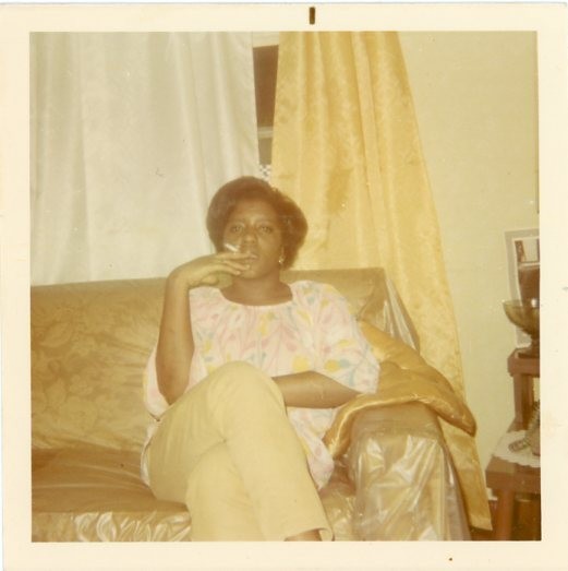 Vtg 1970s Found Photo African American Woman Smoking Cigarette Inside Snapshot