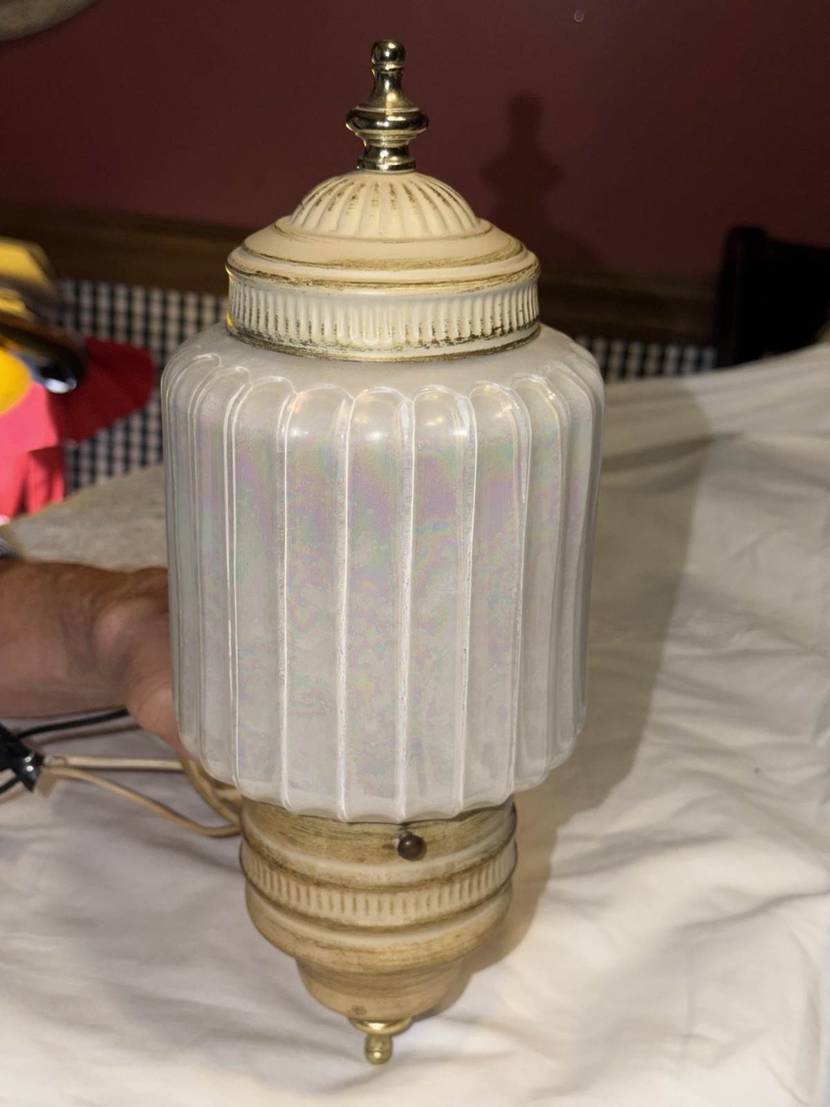 MCM Light Fixture Opal Iridescent Pearl White Glass  Cover W/ Receptacle Rare