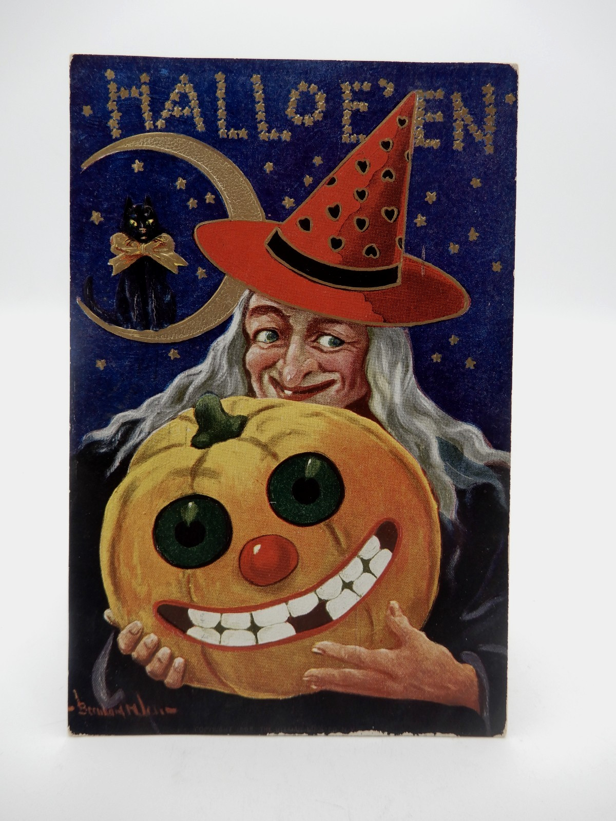 The Best Ullman Halloween Postcard Witch Holding Smiling JOL AS Bernard Wall