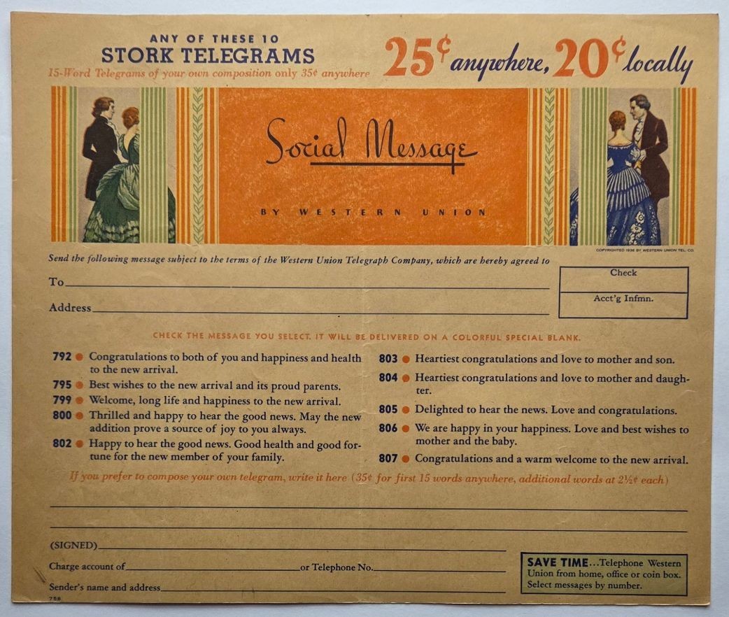 RARE 1936 Social Message Western Union Telegram Form     with 10 Stork Telegrams