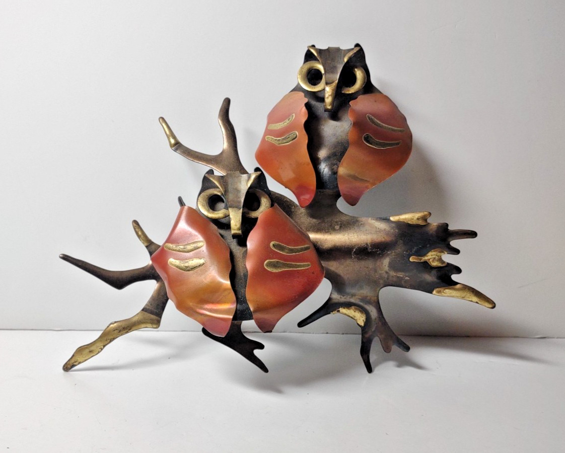 VTG Metal Wall Hanging Owl Family on Branch MCM Retro Decor Wall Art - About 7\