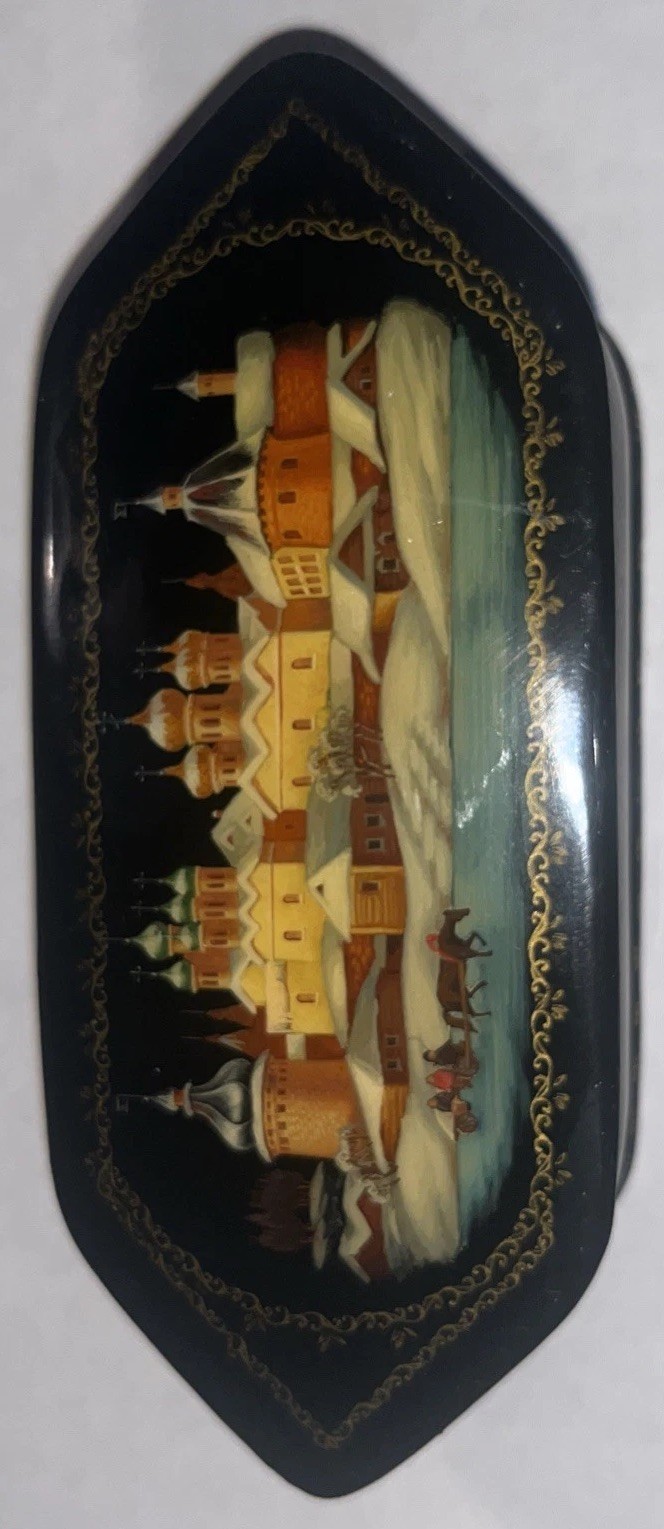 Ukrainian Hand painted Lacquer Landscape Mini Jewelry Box Signed Trinket Box