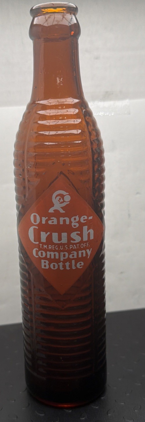 Vtg 1946 Amber Orange Crush Soda Bottle - Ribbed Krinkly Diamond ACL Logo.: 10A1