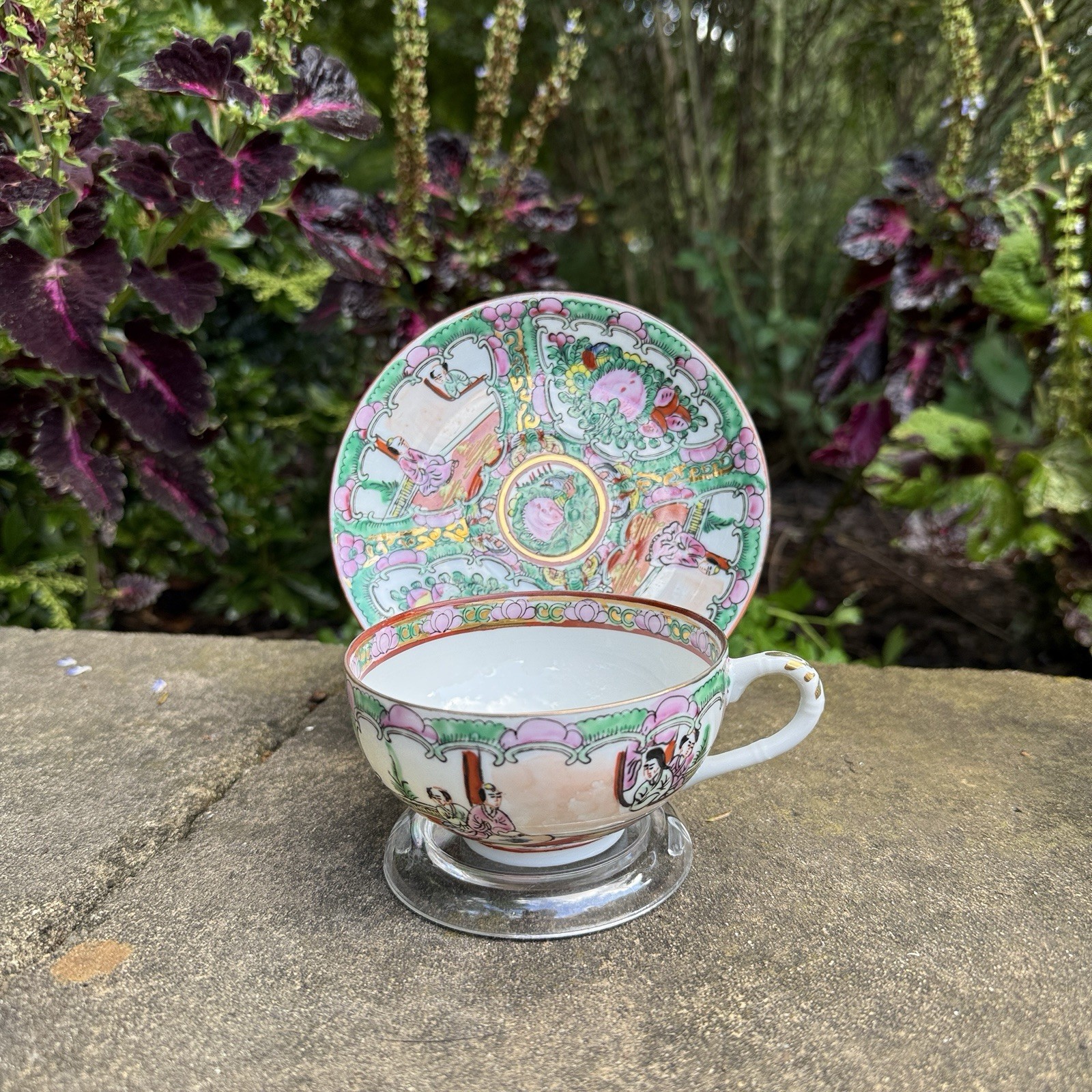 Pristine Antique Chinese Rose Medallion Teacup & Saucer Set Qianlong Mark 19thC