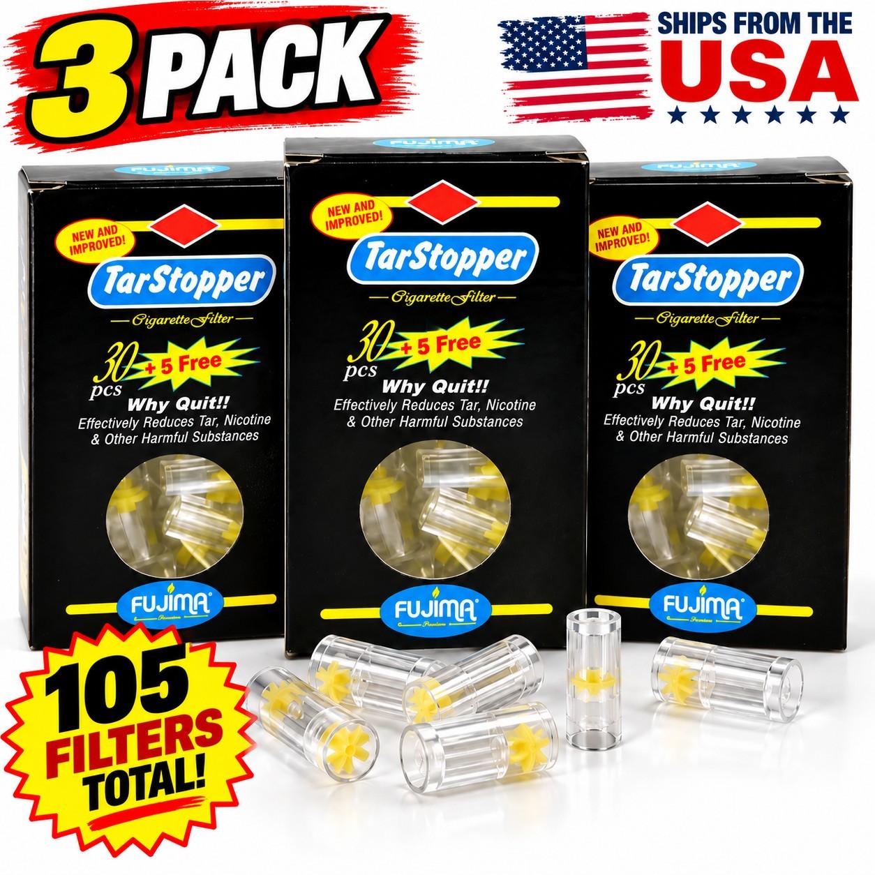 FUJIMA Tar Stopper Cigarette Filters 3 Pack 105 Count NEW Free USA Shipping