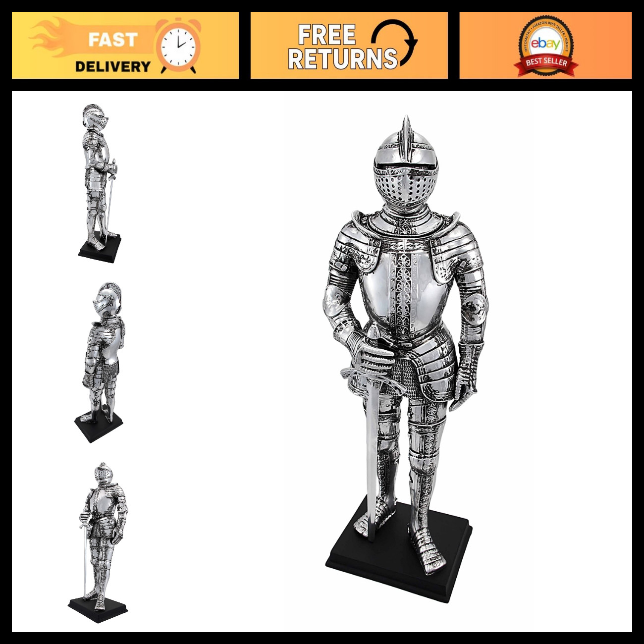 Medieval Knight Armor Statue - Silver Finish Figurine, Decorative Home Decor