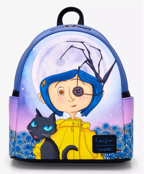 Loungefly Mini Backpack: Coraline Button Eye Cat Moon Flower Blue Purple