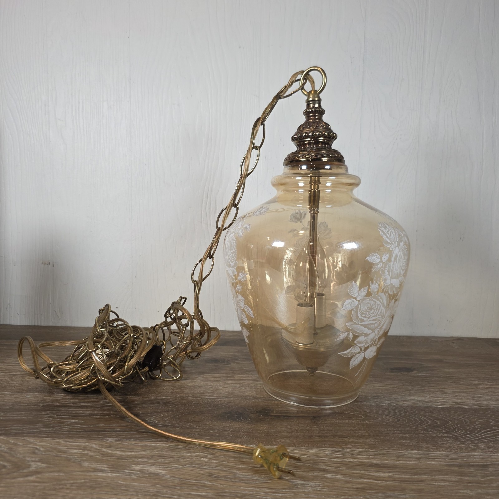 VTG MCM Swag Lamp Hanging Light Clear Amber Glass Painted Roses Pattern Brass