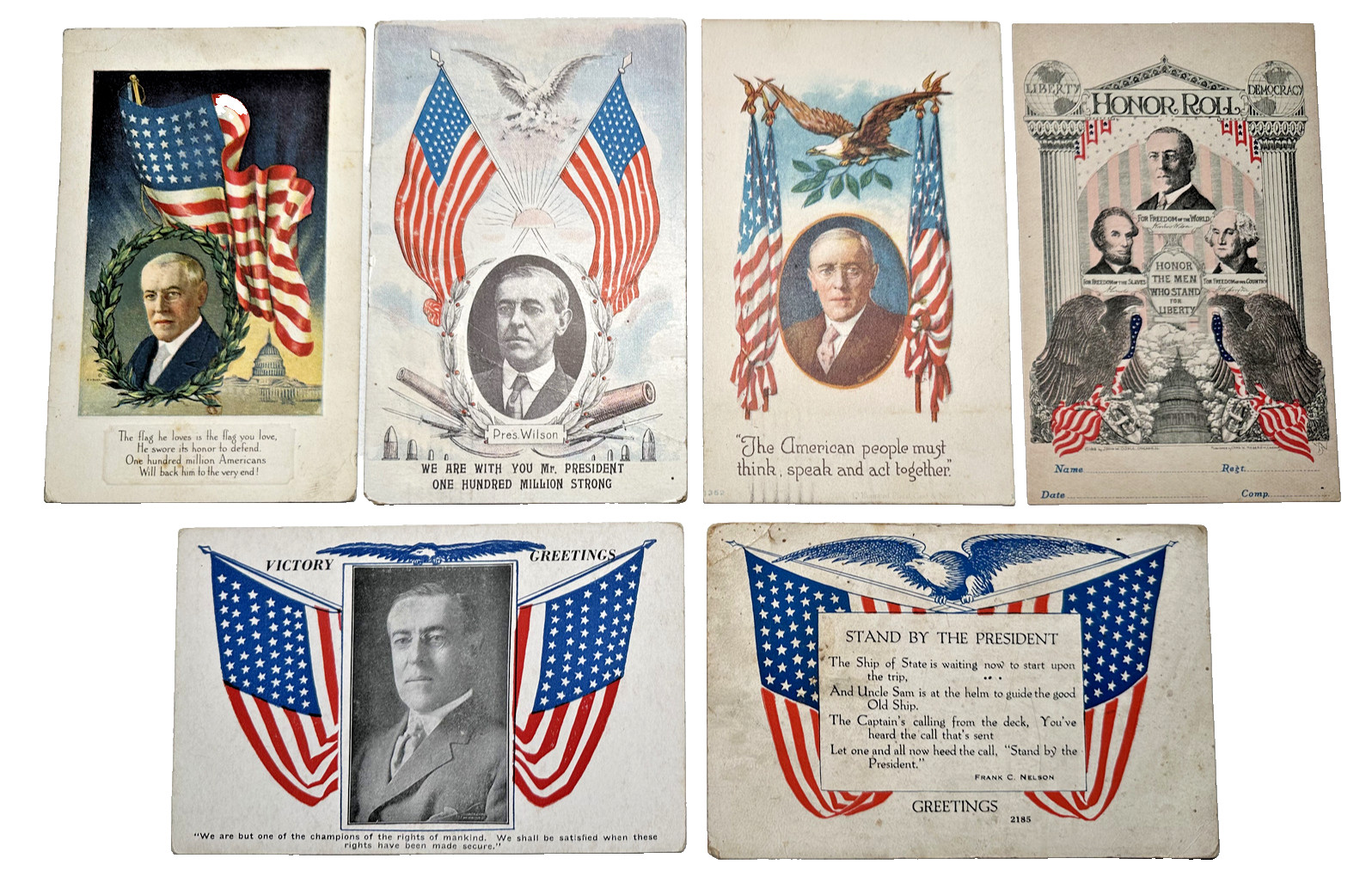SIX ANTIQUE US PATRIOTIC POSTCARDS : FLAGS, WOODROW WILSON, EAGLES FP121