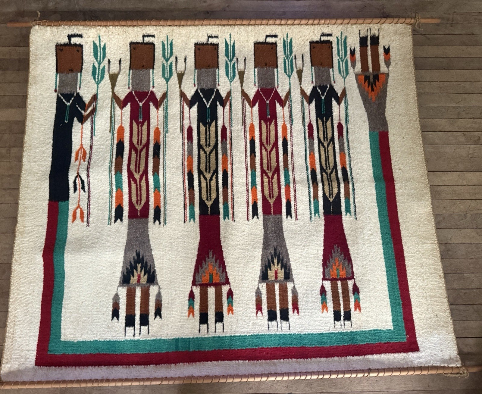 Vintage Navajo Yei Pictorial Rug Holy Beings Corn Stalks Hand Woven Tapestry 