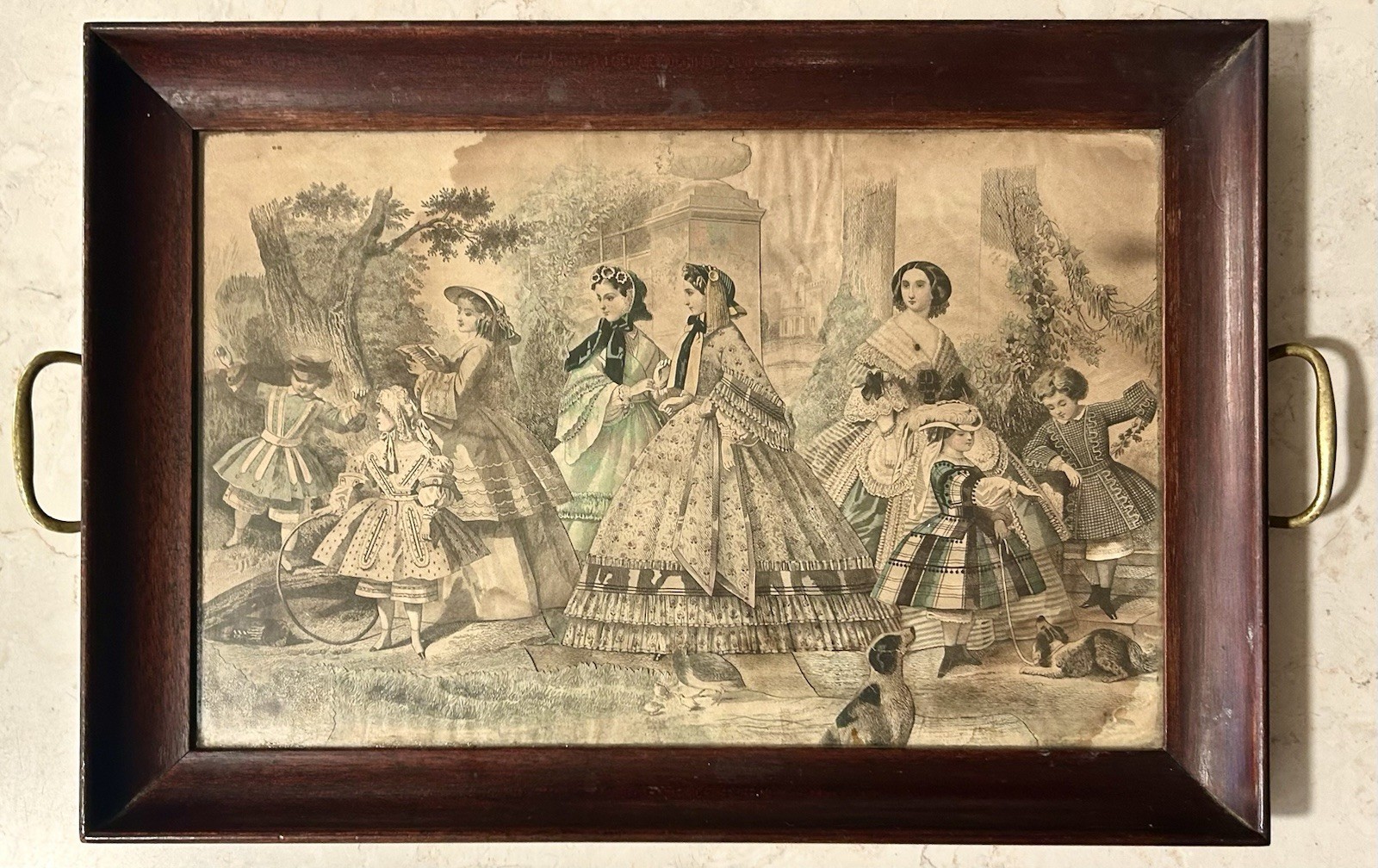 Antique Godey’s Lady’s Book May 1864 Fashion Plate Wood Glass Serving Tea Tray