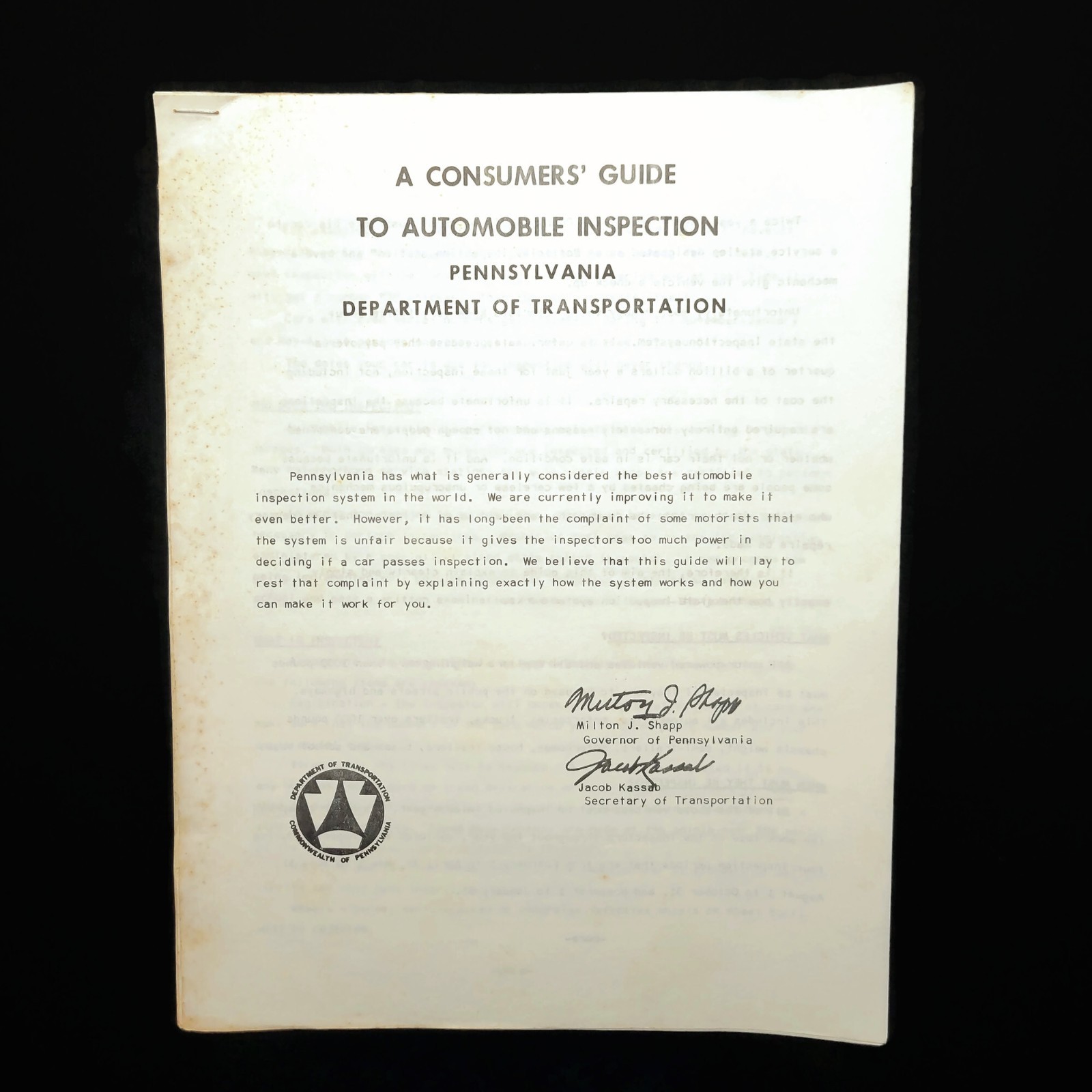 Vintage 1970s PA Dept of Transportation DOT Automobile Inspection Guide Pamphlet