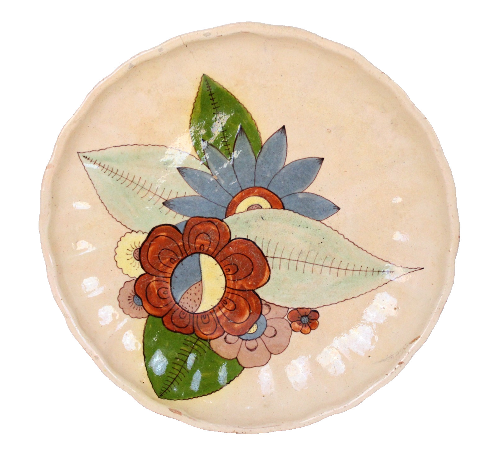 Antique Mexican Tonala Tlaquepaque Ceramic Platter Hand Painted Botanical 12.5