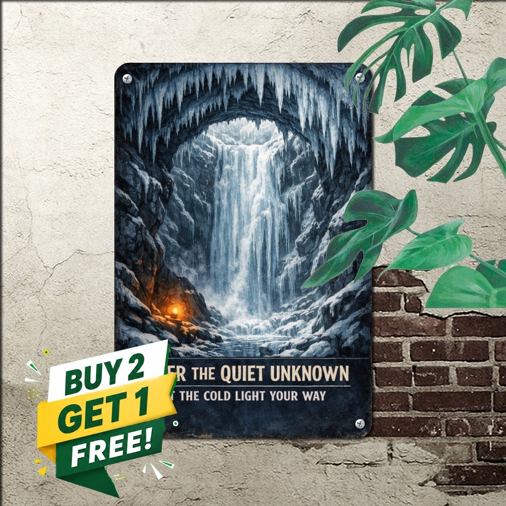 Frozen Underwater Ice Cave Sign Glowing Orange Glacial Winter Metal Plaque