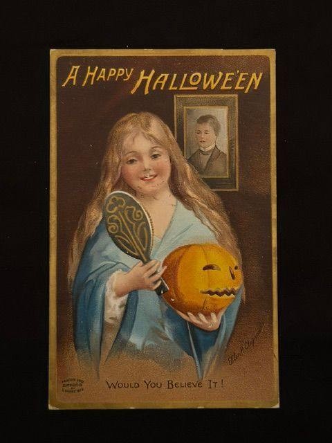 🎃 1909 ELLEN H. CLAPSADDLE HALLOWEEN POSTCARD – GIRL, JACK-O\'-LANTERN & MIRROR