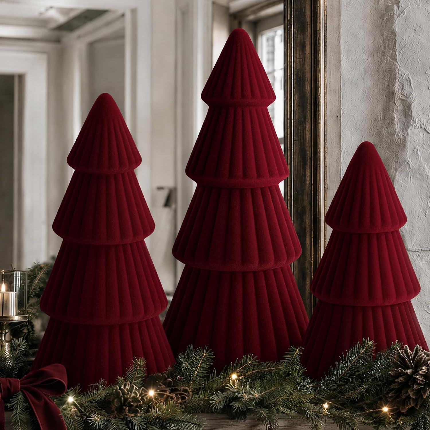3 Pc Red Velvet Ceramic Christmas Tree Set Holiday Tabletop Home Decor