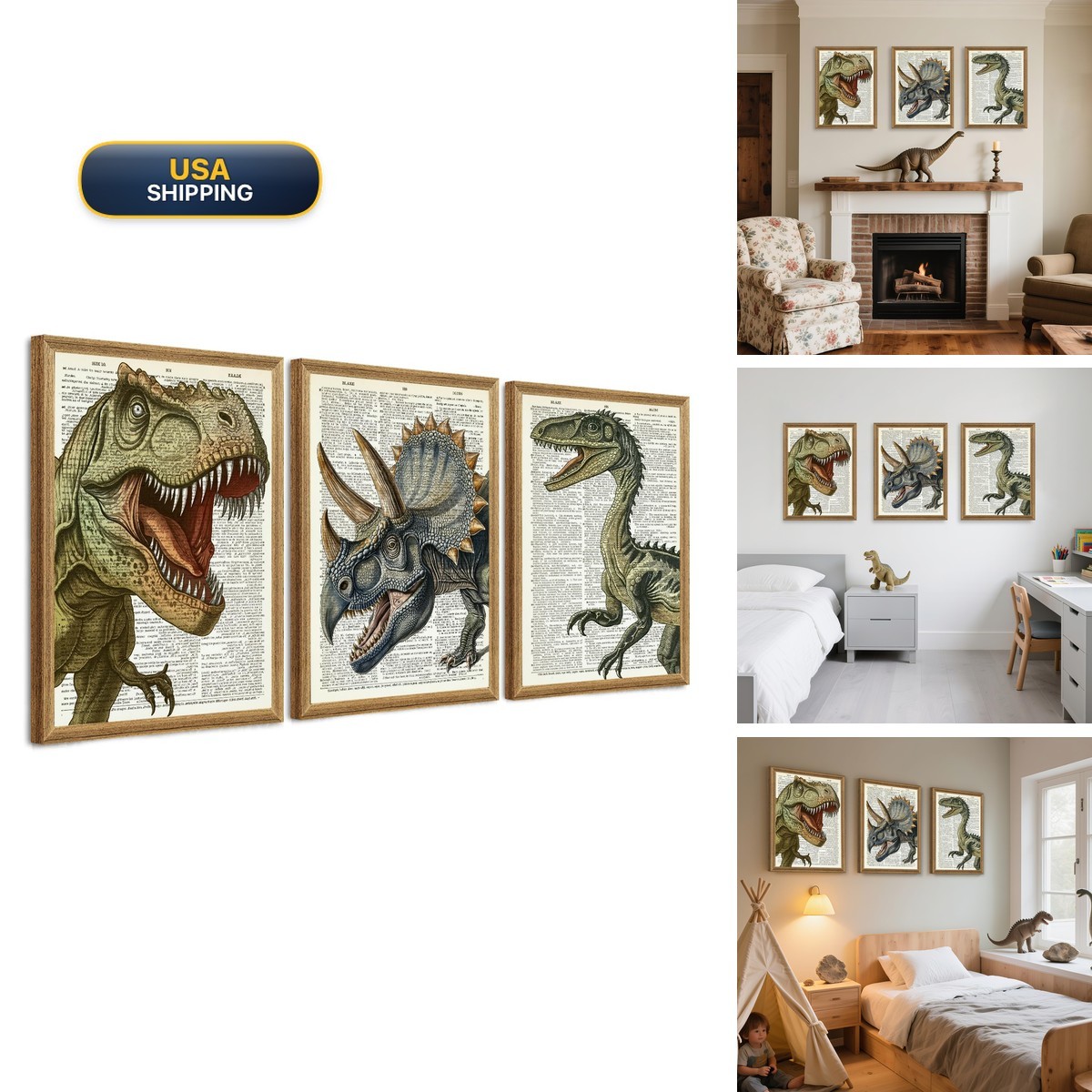 Ovczax Framed Dinosaur Wall Art 3 Piece Set 24x16in for Boys