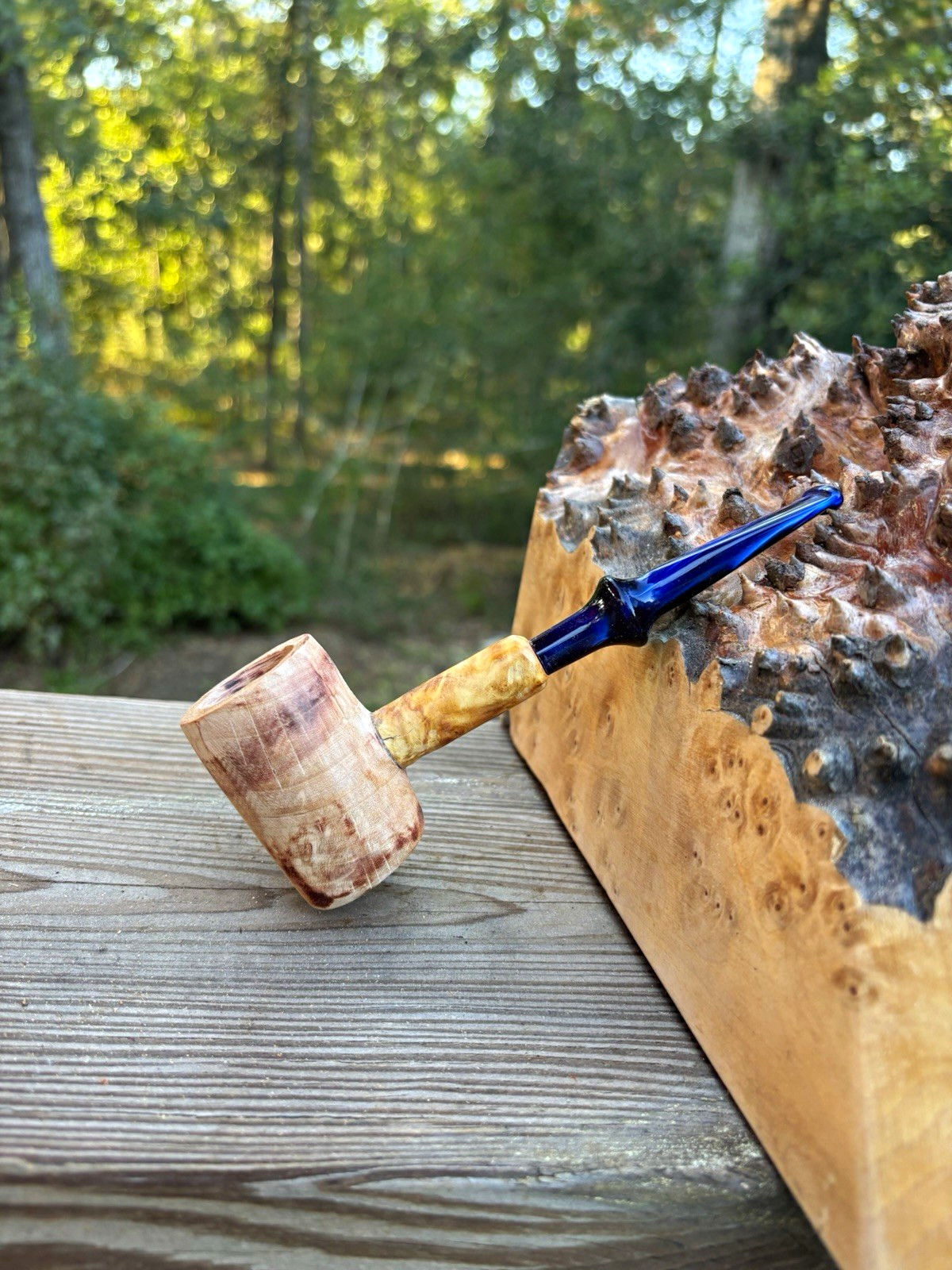 Cherry wood Poker pipe with an Amboyna wood shank and a blue ripple acrylic stem