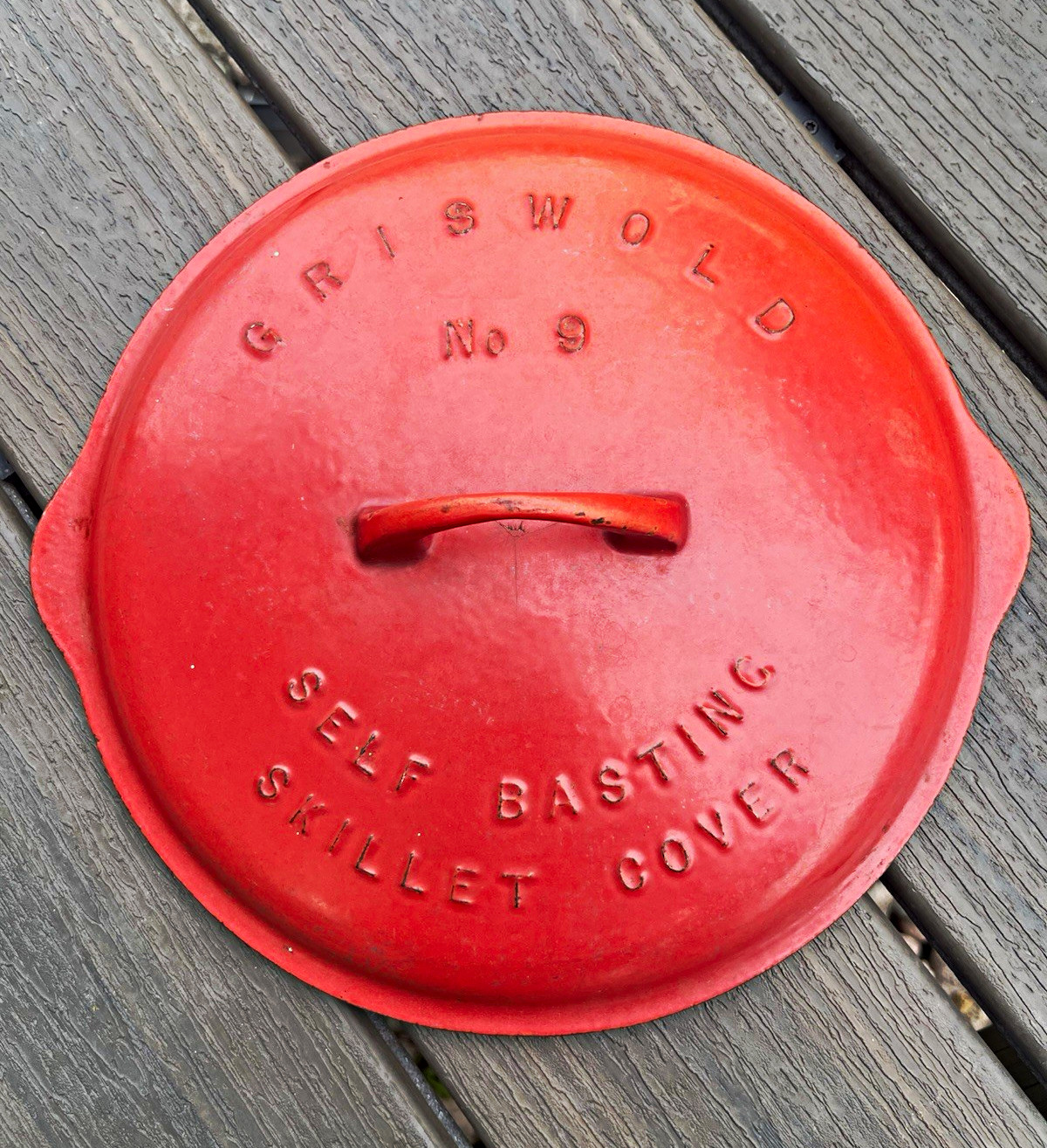 Griswold No 9 Self Basting Cast Iron Skillet Cover Lid Double Handle Red enamel