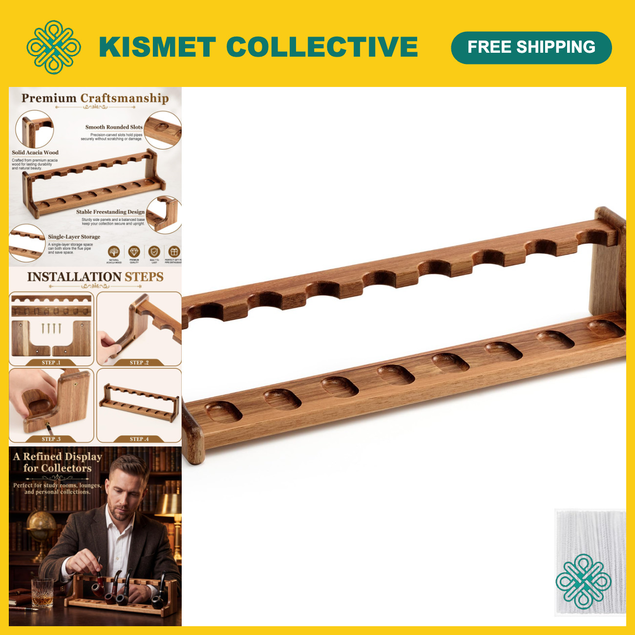 Acacia Wood Pipe Stand Holder for 8 Smoking Pipes - Durable & Stylish Display