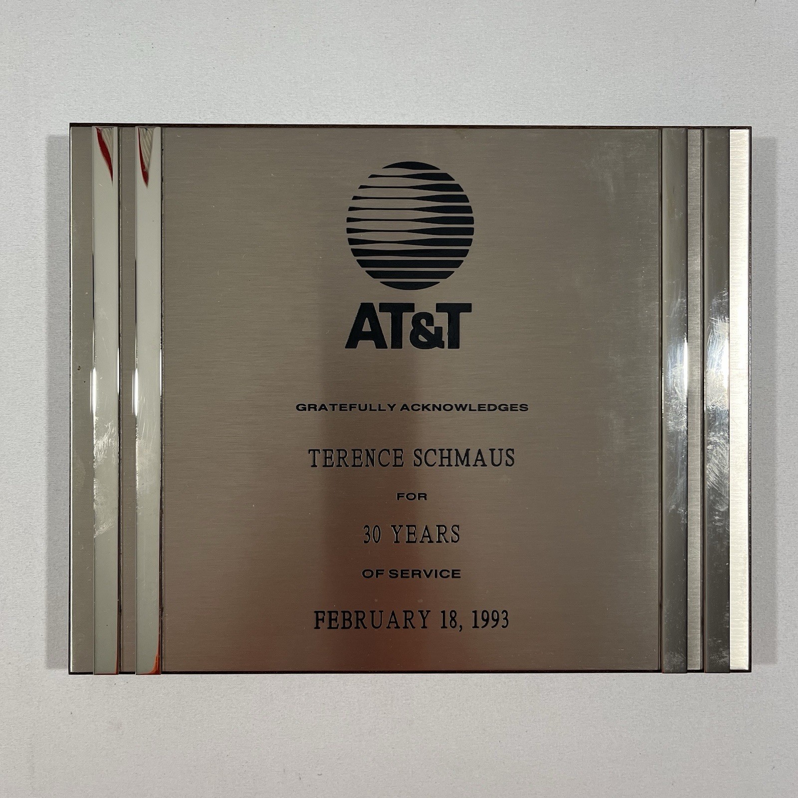 Vintage 1993 AT&T 30 Years Service Award Plaque Terence Schmaus Metal Telecom