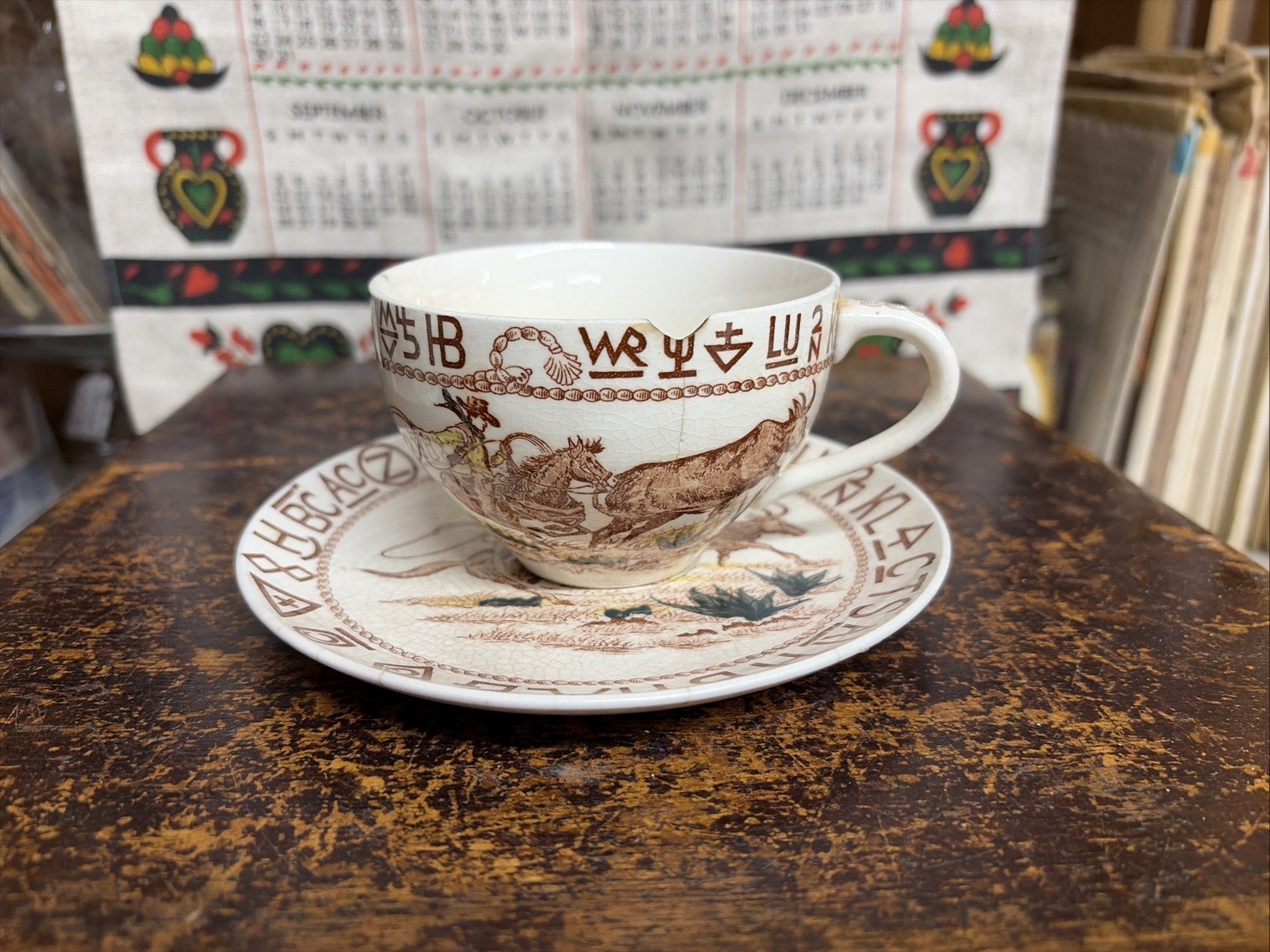 VTG 1050s MCM Japanese Version Of “Westward  Ho” Rodeo Western Cup & Saucer Set
