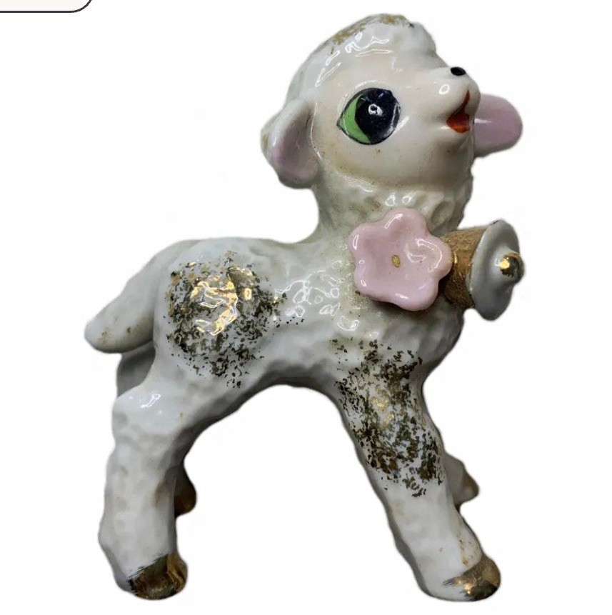 Vintage Adorable Porcelain Lamb Sheep Figure With Bell And Gold Accents