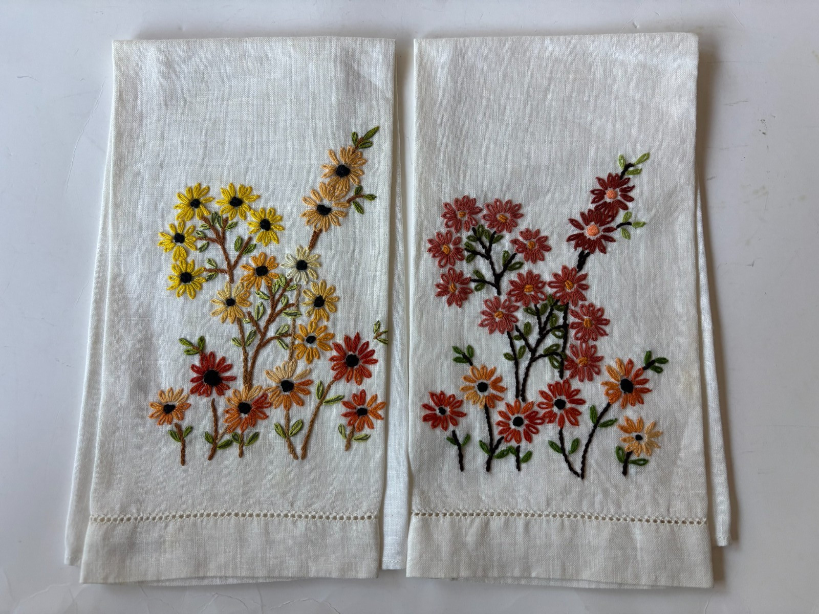 Vintage Hand Embroidered Wildflowers Guest Tea Towels - Set of 2