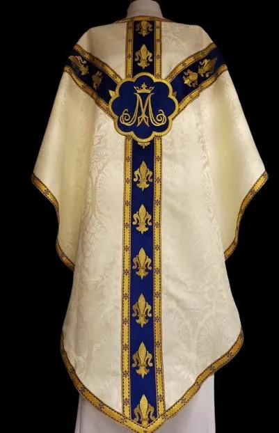 Marian chasuble - Gothic Chasuble Embroidered Velvet Trim Ecru Jacquard Priest