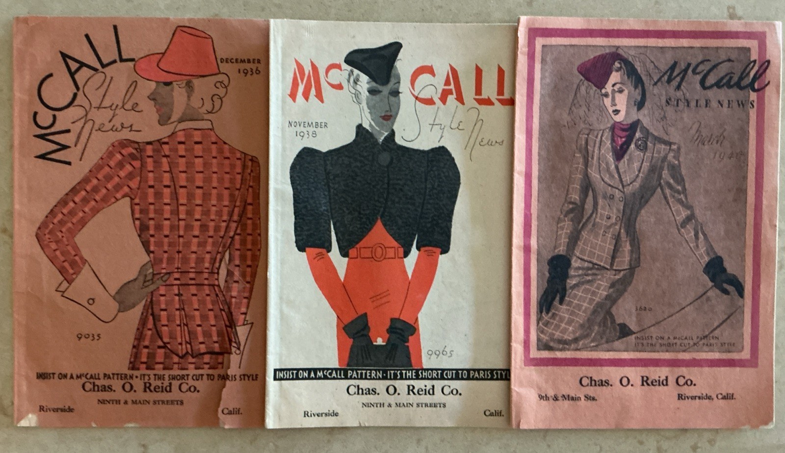 3 Vintage McCall Style News 1936-1940 Chas O Reid Riverside CA Fashion Catalogs