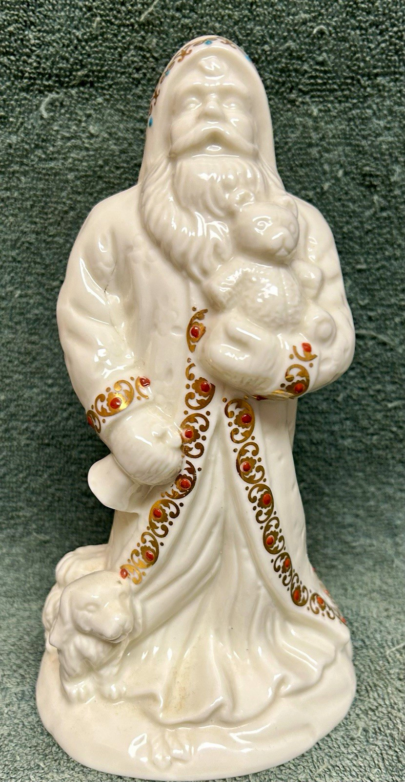 White Porcelain Santa Claus Figurine  Floral Gold Accents 8in.