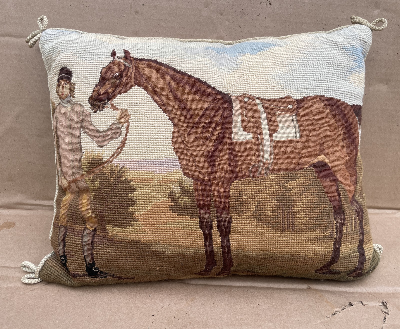 Vintage Katha Diddel NEEDLEPOINT PILLOW Equestrian Horse Rider Velvet Back
