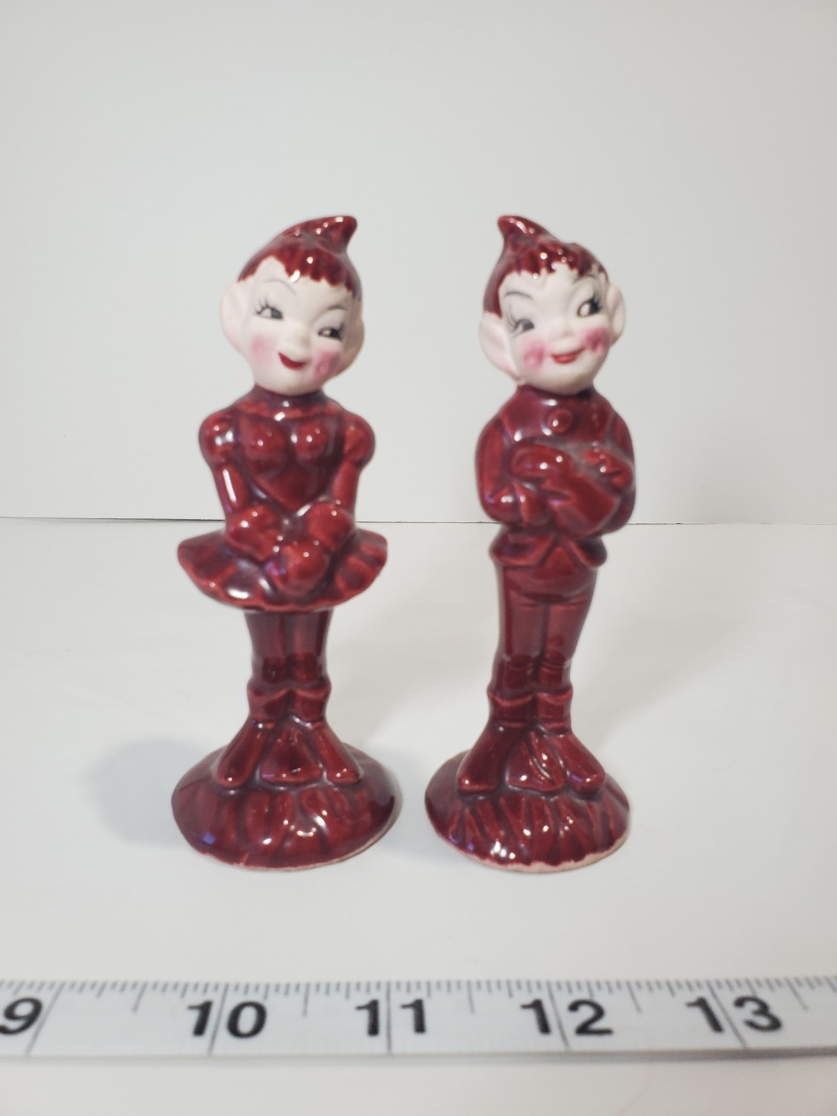 Vintage 1950s Gilner Pottery Pixie Salt Pepper Shakers Maroon California Elves
