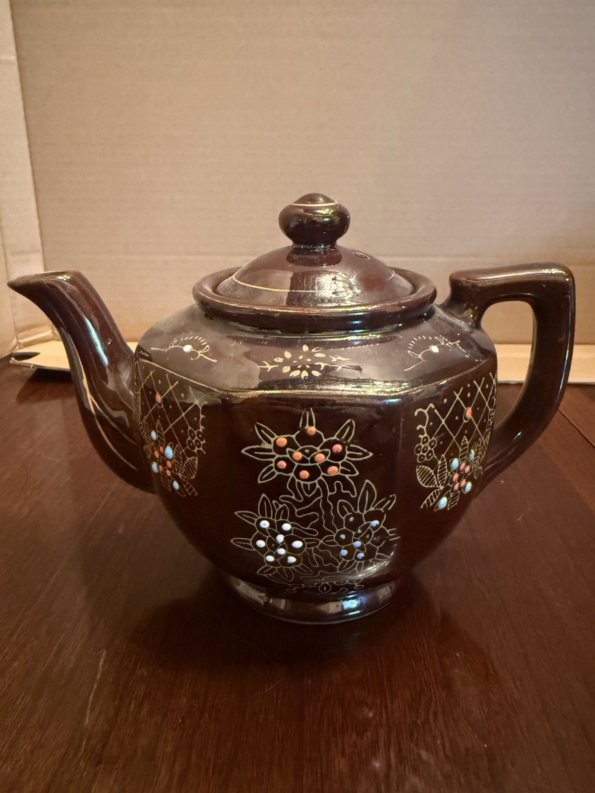 Vintage Brown Moriage Floral Teapot Hand Painted Gold Trim Japanese Style Lidded