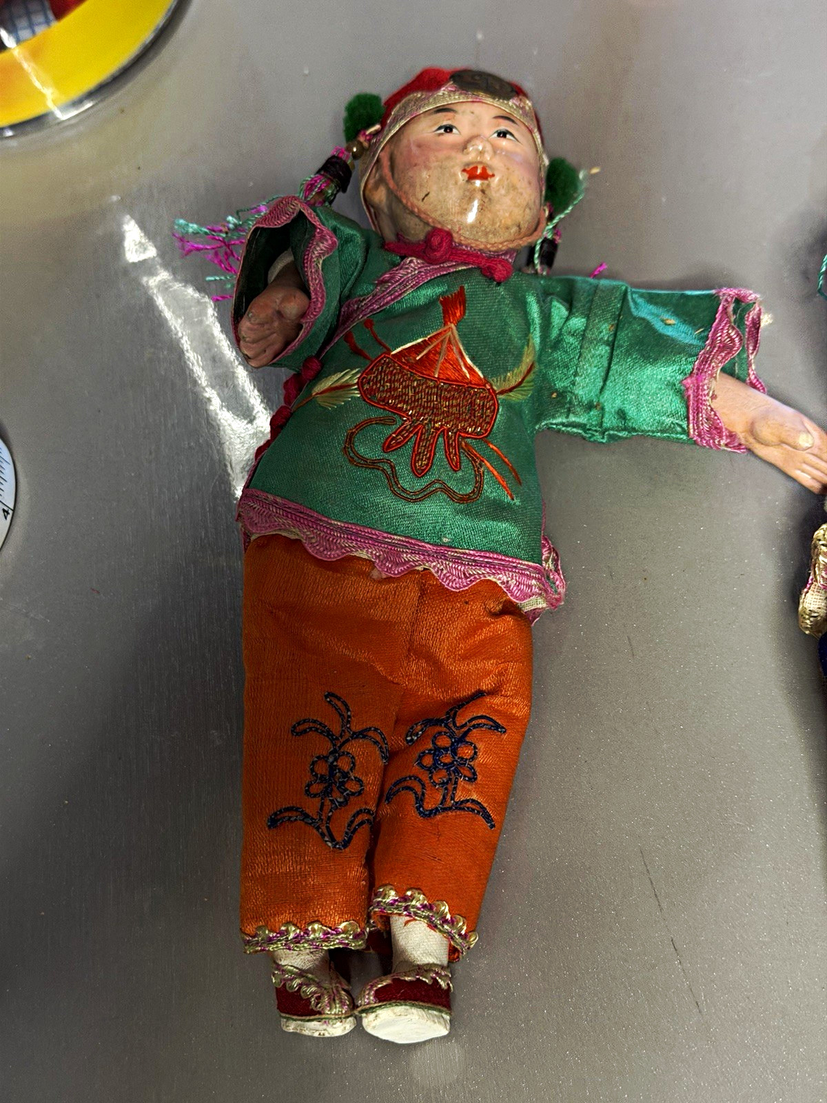Pair Vintage Chinese Composition Cloth Dolls Embroidered Silk Costumes Folk Art