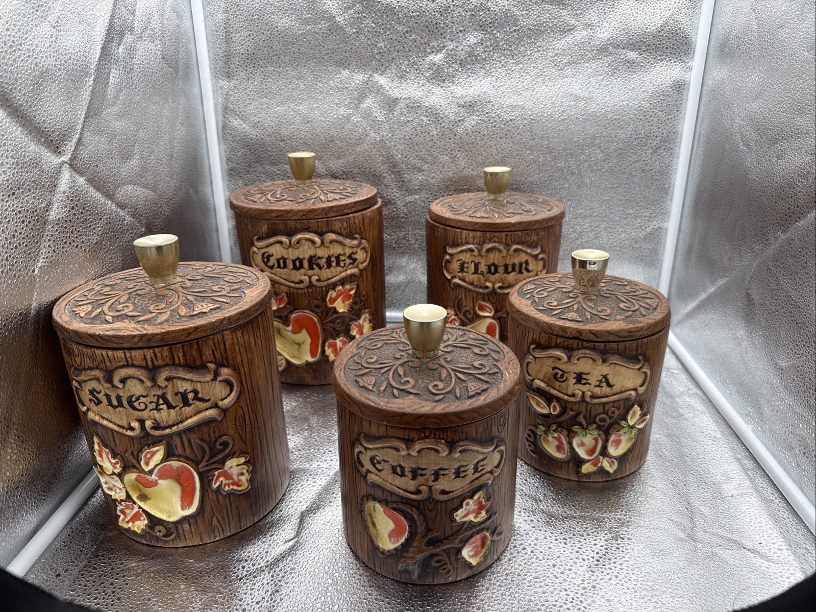 Vtg Mcm Treasure Craft Canister Set Of 5 Cookies,Sugar,Flour,Coffee,Tea DMG Pics