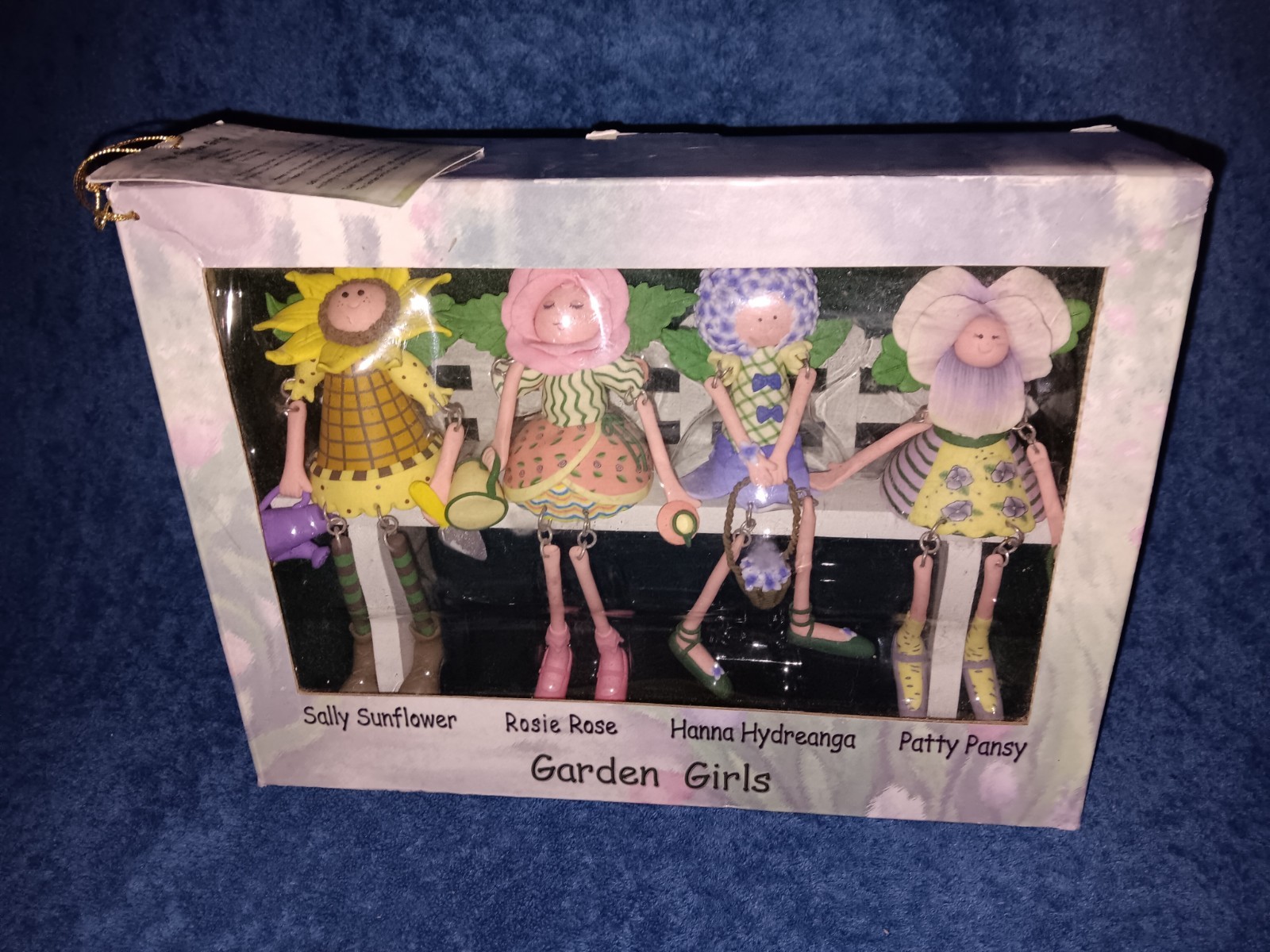 Vtg Garden Girls Flower People Shelf Sitters Figurines Sitting on Bench New Box