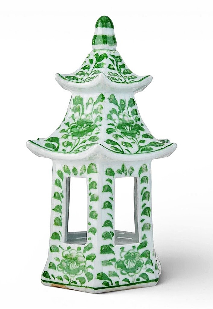 Green and White Porcelain Chinese Pagoda Lantern/Bouquetière. Hand Painted-11”H