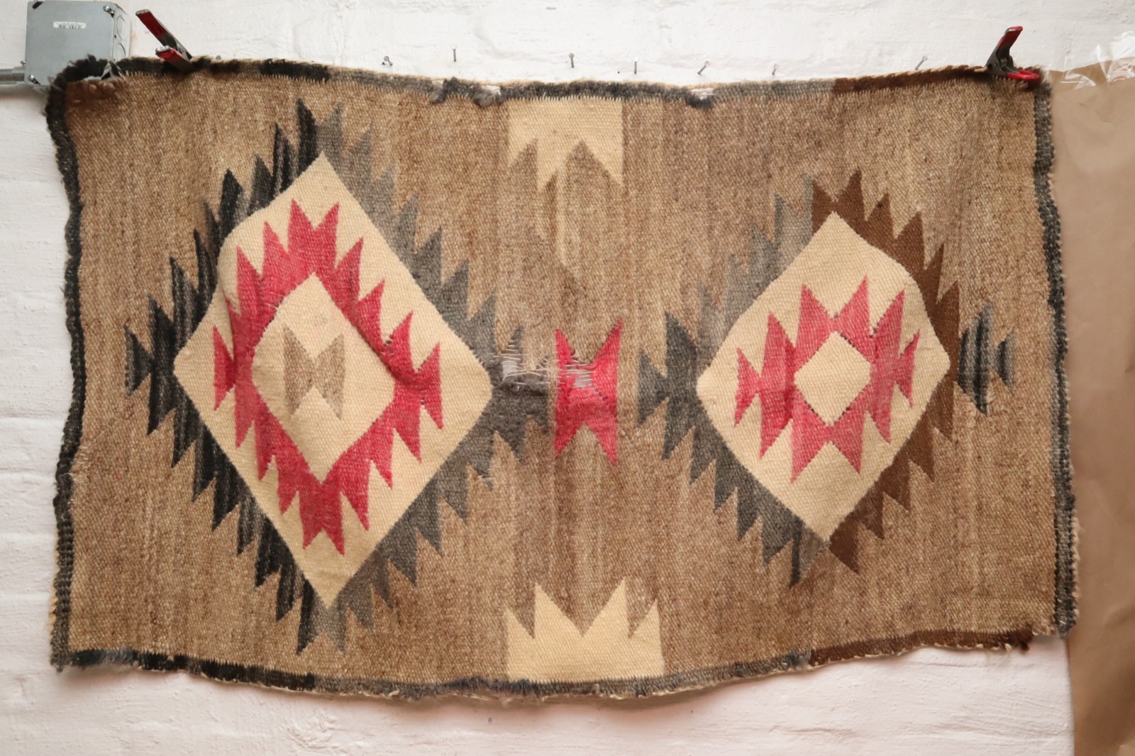 Antique LARGE Navajo Rug Native American Indian Crystal Eye Dazzler 47x28 VTG